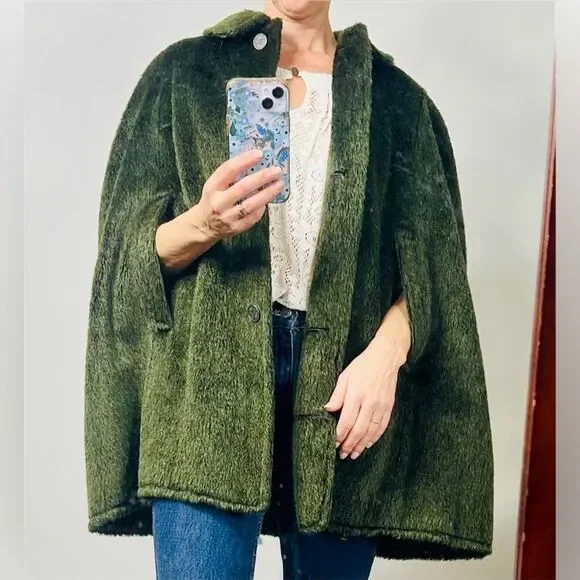 Mid-Century Europe Craft Wool Blend Faux Fur Cape with Arm Slits MEASUREMENTS